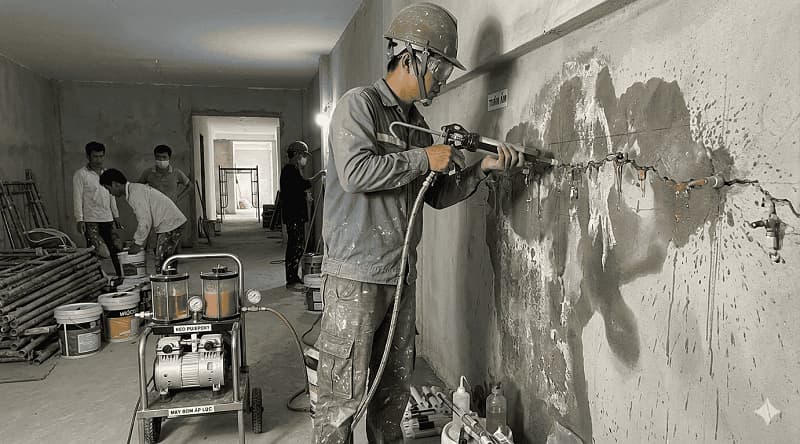 Thợ bơm keo epoxy xử lý nứt tường chống thấm triệt để